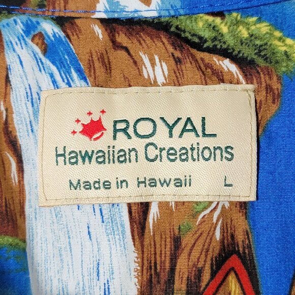 Royal Hawaiian Creations Mens Surfboard Palm Trees Cotton Button Up Shirt L - Picture 7 of 8